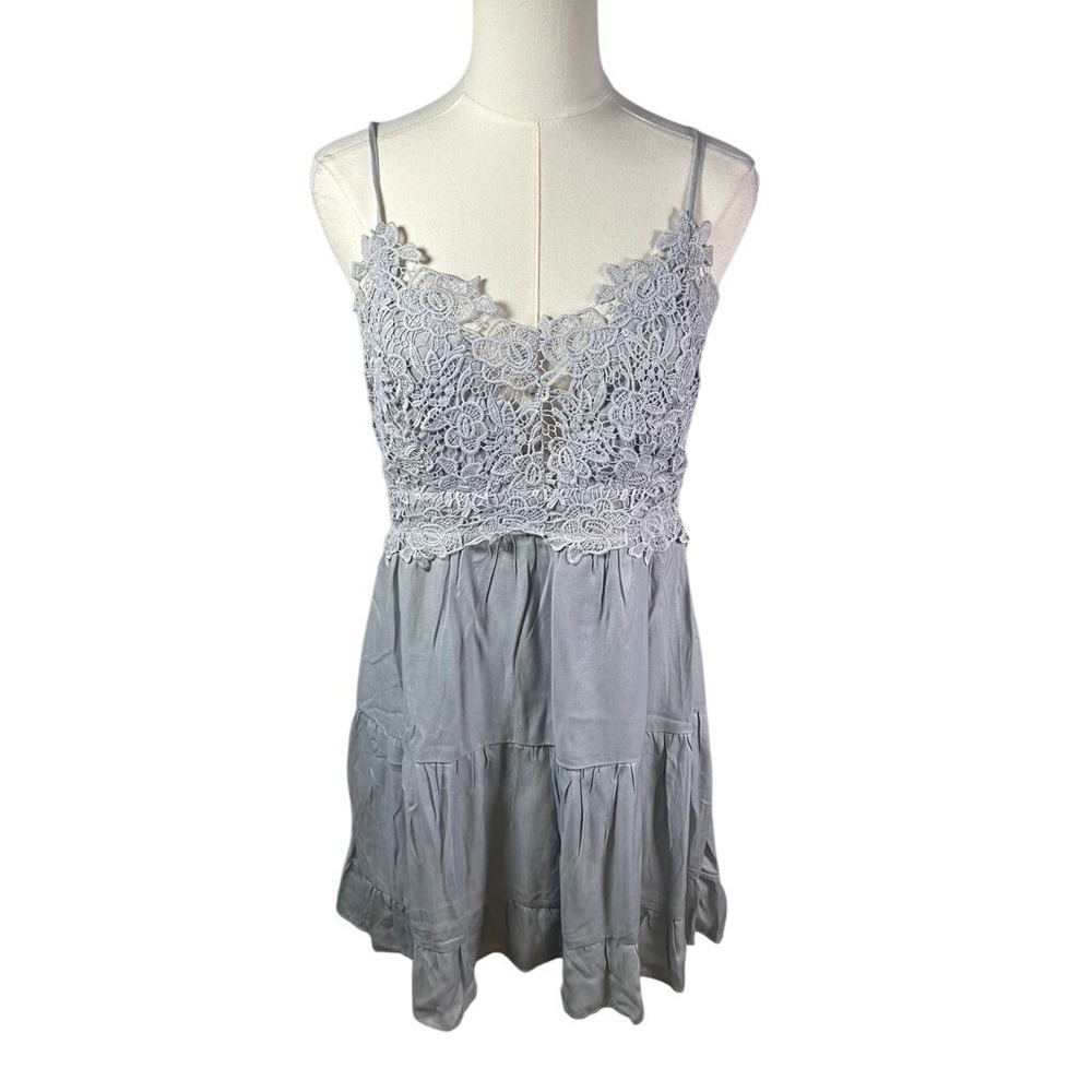 Heyson Lace Trim Tiered Mini Dress Gray Spaghetti Strap Women's‎ Size L